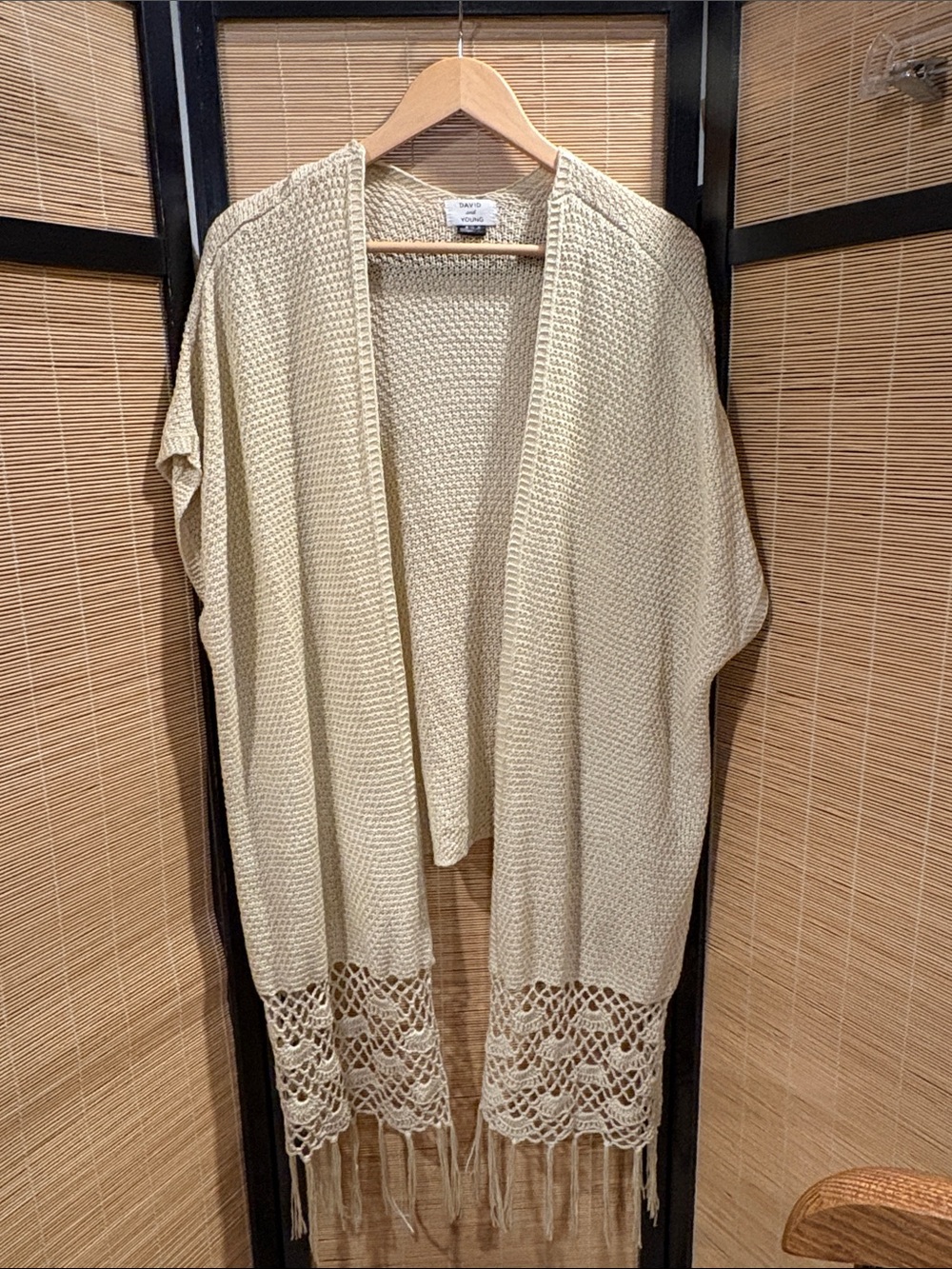 David and Young Cream Open-Front Crochet Hem Poncho